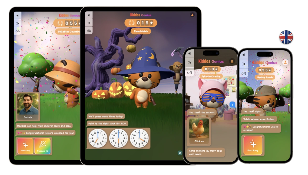 Kiddos Bright activities on iPad and iPhone, showing syllable counting, time matching, and mystery sounds with a playful tiger guide.