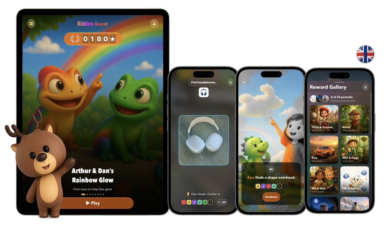 Kiddos Quest on iPad and three iPhones, showing Arthur and Dan’s Rainbow Glow, a camera clue to find headphones, an illustrated story moment, and the reward gallery, with a cheerful deer and an English-language flag.